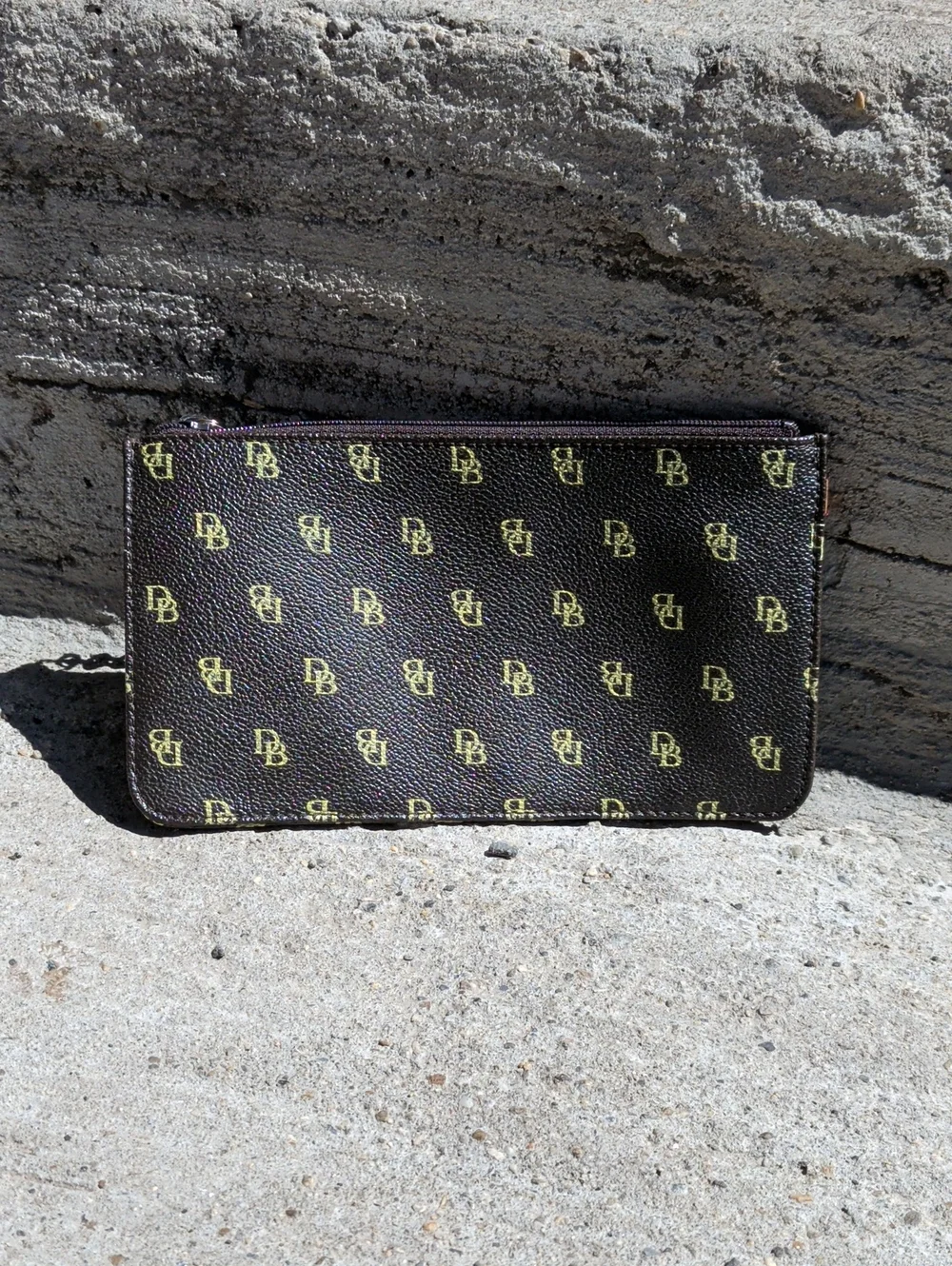 Dooney & Bourke Brown and Yellow Logo Zip Clutch Wristlet